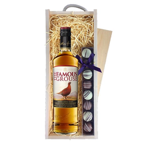 Famous Grouse Blended Scotch Whisky 70cl & Heart Truffles, Wooden Box